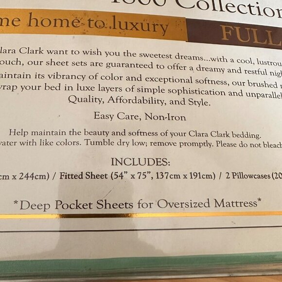 Clara Clark Premier Full Sheet Set Green Deep Pocket Wrinkle-Free Soft Feel - Picture 6 of 7